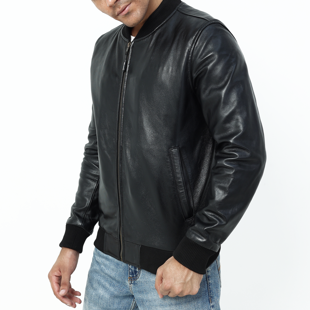 ★BADBLOOD★ Leather ma1 jacket washed black w-jkt25-002 Men's MA-1 Black Bomber Leather Jacket | TheLeatherCity
