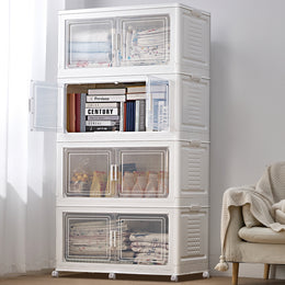 A white stackable storage cabinet with four cubes, each having a clear front panel, placed on wheels and situated in a home environment.