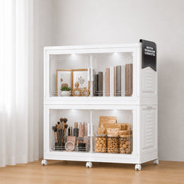 FINCHESCLUB 376QT/94GAL 2 Pack Foldable Cabinets with Wheels, Doors and Motion Sensor Lights, Stackable Storage Bins with Lid, Collapsible Closet Storage Containers, 2 Cubes, White
