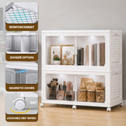 FINCHESCLUB 376QT/94GAL 2 Pack Foldable Cabinets with Wheels, Doors and Motion Sensor Lights, Stackable Storage Bins with Lid, Collapsible Closet Storage Containers, 2 Cubes, White