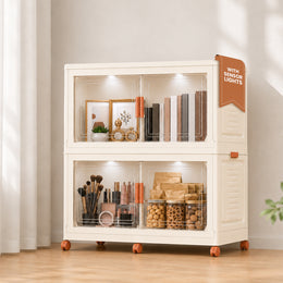 FINCHESCLUB 376QT/94GAL 2 Pack Foldable Cabinets with Wheels, Doors and Motion Sensor Lights, Stackable Storage Bins with Lid, Collapsible Closet Storage Containers, 2 Cubes
