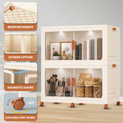 FINCHESCLUB 376QT/94GAL 2 Pack Foldable Cabinets with Wheels, Doors and Motion Sensor Lights, Stackable Storage Bins with Lid, Collapsible Closet Storage Containers, 2 Cubes