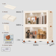 FINCHESCLUB 376QT/94GAL 2 Pack Foldable Cabinets with Wheels, Doors and Motion Sensor Lights, Stackable Storage Bins with Lid, Collapsible Closet Storage Containers, 2 Cubes
