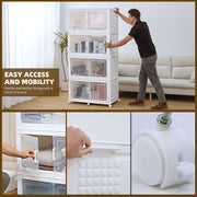 Collapsible storage tower with wheels being used in a living room, showing ease of mobility and accessibility.