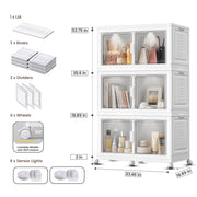 FINCHESCLUB 568QT/141GAL 3 Tier Stackable Storage Bins, Foldable Cabinets with Wheels, Doors and Motion Sensor Lights, Collapsible Closet Storage Organizer, 3 Pack Cubes, White