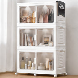 FINCHESCLUB 568QT/141GAL 3 Tier Stackable Storage Bins, Foldable Cabinets with Wheels, Doors and Motion Sensor Lights, Collapsible Closet Storage Organizer, 3 Pack Cubes, White