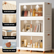 FINCHESCLUB 568QT/141GAL 3 Tier Stackable Storage Bins, Foldable Cabinets with Wheels, Doors and Motion Sensor Lights, Collapsible Closet Storage Organizer, 3 Pack Cubes, Off White