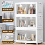 FINCHESCLUB 568QT/141GAL 3 Tier Stackable Storage Bins, Foldable Cabinets with Wheels, Doors and Motion Sensor Lights, Collapsible Closet Storage Organizer, 3 Pack Cubes, White