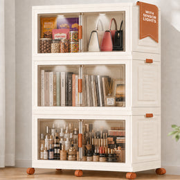FINCHESCLUB 3-Tier Stackable Storage Cabinet with Doors, Wheels & Motion Sensor Lights – Off White