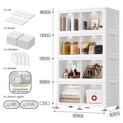 FINCHESCLUB 752QT/188GAL Large Collapsible Closet Organizer, Stackable Storage Bins, Plastic Foldable Storage Cubes with Wheels, Doors and Motion Sensor Lights, 4 Tier, White