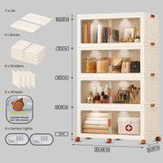 FINCHESCLUB 752QT/188GAL Large Collapsible Closet Organizer, Stackable Storage Bins, Plastic Foldable Storage Cubes with Wheels, Doors and Motion Sensor Lights, 4 Tier, Off White