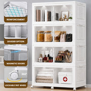 FINCHESCLUB 752QT/188GAL Large Collapsible Closet Organizer, Stackable Storage Bins, Plastic Foldable Storage Cubes with Wheels, Doors and Motion Sensor Lights, 4 Tier, White