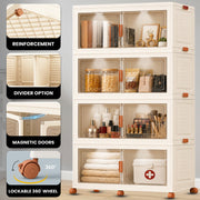 FINCHESCLUB 752QT/188GAL Large Collapsible Closet Organizer, Stackable Storage Bins, Plastic Foldable Storage Cubes with Wheels, Doors and Motion Sensor Lights, 4 Tier, Off White