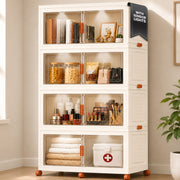 FINCHESCLUB 752QT/188GAL Large Collapsible Closet Organizer, Stackable Storage Bins, Plastic Foldable Storage Cubes with Wheels, Doors and Motion Sensor Lights, 4 Tier, Off White