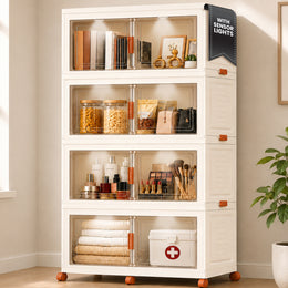FINCHESCLUB 752QT/188GAL Large Collapsible Closet Organizer, Stackable Storage Bins, Plastic Foldable Storage Cubes with Wheels, Doors and Motion Sensor Lights, 4 Tier, Off White