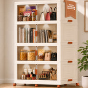 FINCHESCLUB 752QT/188GAL Large Collapsible Closet Organizer, Stackable Storage Bins, Plastic Foldable Storage Cubes with Wheels, Doors and Motion Sensor Lights, 4 Tier, Off White