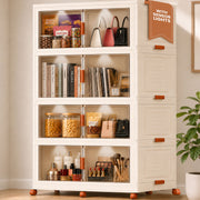 FINCHESCLUB 752QT/188GAL Large Collapsible Closet Organizer, Stackable Storage Bins, Plastic Foldable Storage Cubes with Wheels, Doors and Motion Sensor Lights, 4 Tier, Off White