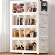 FINCHESCLUB 752QT/188GAL Large Collapsible Closet Organizer, Stackable Storage Bins, Plastic Foldable Storage Cubes with Wheels, Doors and Motion Sensor Lights, 4 Tier, Off White