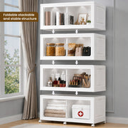 FINCHESCLUB 752QT/188GAL Large Collapsible Closet Organizer, Stackable Storage Bins, Plastic Foldable Storage Cubes with Wheels, Doors and Motion Sensor Lights, 4 Tier, White
