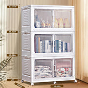Stackable storage cabinet with transparent doors, showing interior organization and dimensions.