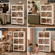 FINCHESCLUB 568QT/141GAL 3 Tier Stackable Storage Bins, Foldable Cabinets with Wheels, Doors and Motion Sensor Lights, Collapsible Closet Storage Organizer, 3 Pack Cubes, Off White