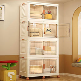 A stackable beige plastic storage cabinet with doors and lids, featuring sensor lights and wheels for mobility.