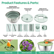 5.3 Quart Stainless Steel Salad Spinner, 3-in-1 Lettuce Spinner with 5-Blade Slicer, One-Touch Stop