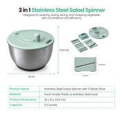 5.3 Quart Stainless Steel Salad Spinner, 3-in-1 Lettuce Spinner with 5-Blade Slicer, One-Touch Stop