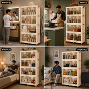 FINCHESCLUB 752QT/188GAL Large Collapsible Closet Organizer, Stackable Storage Bins, Plastic Foldable Storage Cubes with Wheels, Doors and Motion Sensor Lights, 4 Tier, Off White