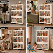 FINCHESCLUB 568QT/141GAL 3 Tier Stackable Storage Bins, Foldable Cabinets with Wheels, Doors and Motion Sensor Lights, Collapsible Closet Storage Organizer, 3 Pack Cubes, Off White