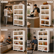 FINCHESCLUB 752QT/188GAL Large Collapsible Closet Organizer, Stackable Storage Bins, Plastic Foldable Storage Cubes with Wheels, Doors and Motion Sensor Lights, 4 Tier, White
