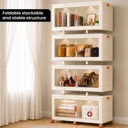 FINCHESCLUB 752QT/188GAL Large Collapsible Closet Organizer, Stackable Storage Bins, Plastic Foldable Storage Cubes with Wheels, Doors and Motion Sensor Lights, 4 Tier, Off White