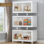 FINCHESCLUB 568QT/141GAL 3 Tier Stackable Storage Bins, Foldable Cabinets with Wheels, Doors and Motion Sensor Lights, Collapsible Closet Storage Organizer, 3 Pack Cubes, White
