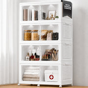 FINCHESCLUB 752QT/188GAL Large Collapsible Closet Organizer, Stackable Storage Bins, Plastic Foldable Storage Cubes with Wheels, Doors and Motion Sensor Lights, 4 Tier, White